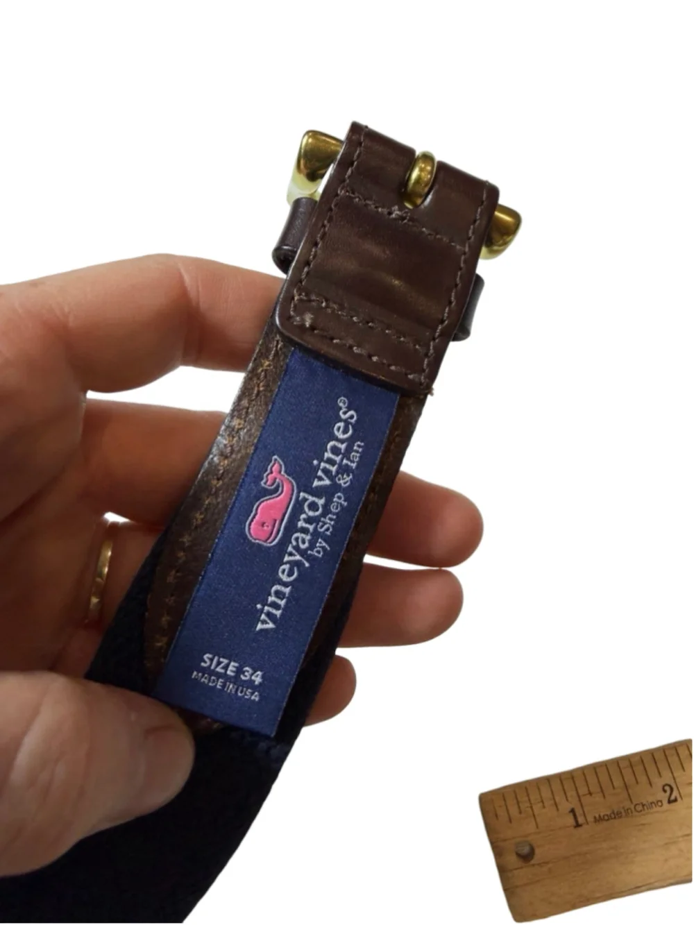 Vineyard Vines Size 34 Navy Whale Logo Canvas Leather Belt Made USA Preppy
